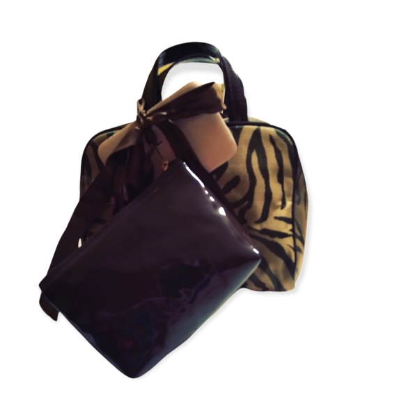 Unbranded zebra print canvas cosmetic bag combo w/ small shiny brown bag. - Picture 2 of 4